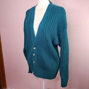 Vintage | Chunky Fisherman Knit Teal Cardigan Sweater XL